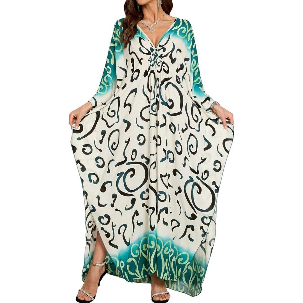 Womens Beige & Black Floral V-Neck Batwing Sleeves Summer Cover Up Kaftan Dress